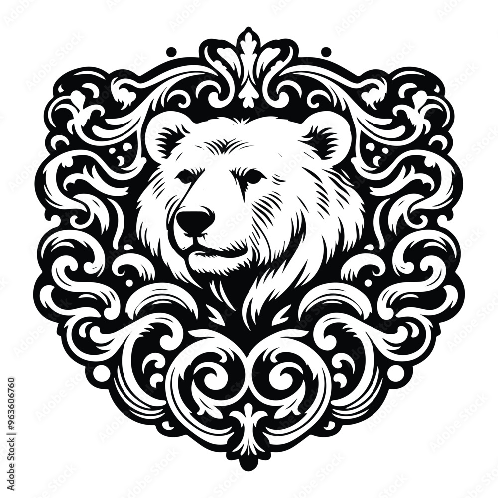Polar bear with victorian flourish decoration, stencil logo, black and white animal illustration Polar bear with victorian flourish decoration, stencil logo, black and white animal illustration