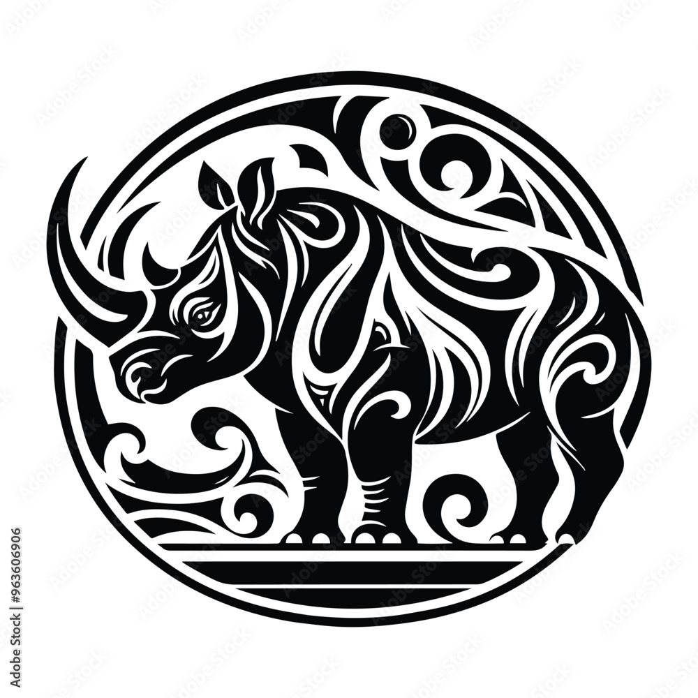 Rhinoceros with art nouveau decoration, stencil logo, black and white animal illustration Rhinoceros with art nouveau decoration, stencil logo, black and white animal illustration