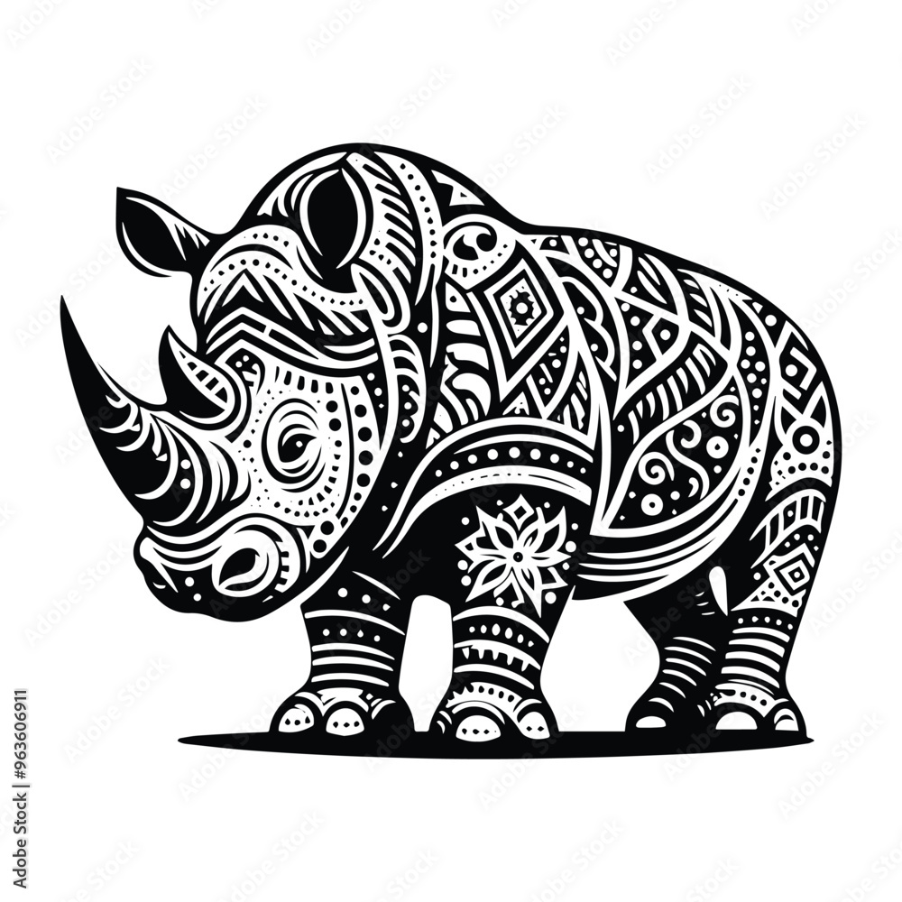Fototapeta premium Rhinoceros in zentangle art, stencil logo, black and white animal illustration