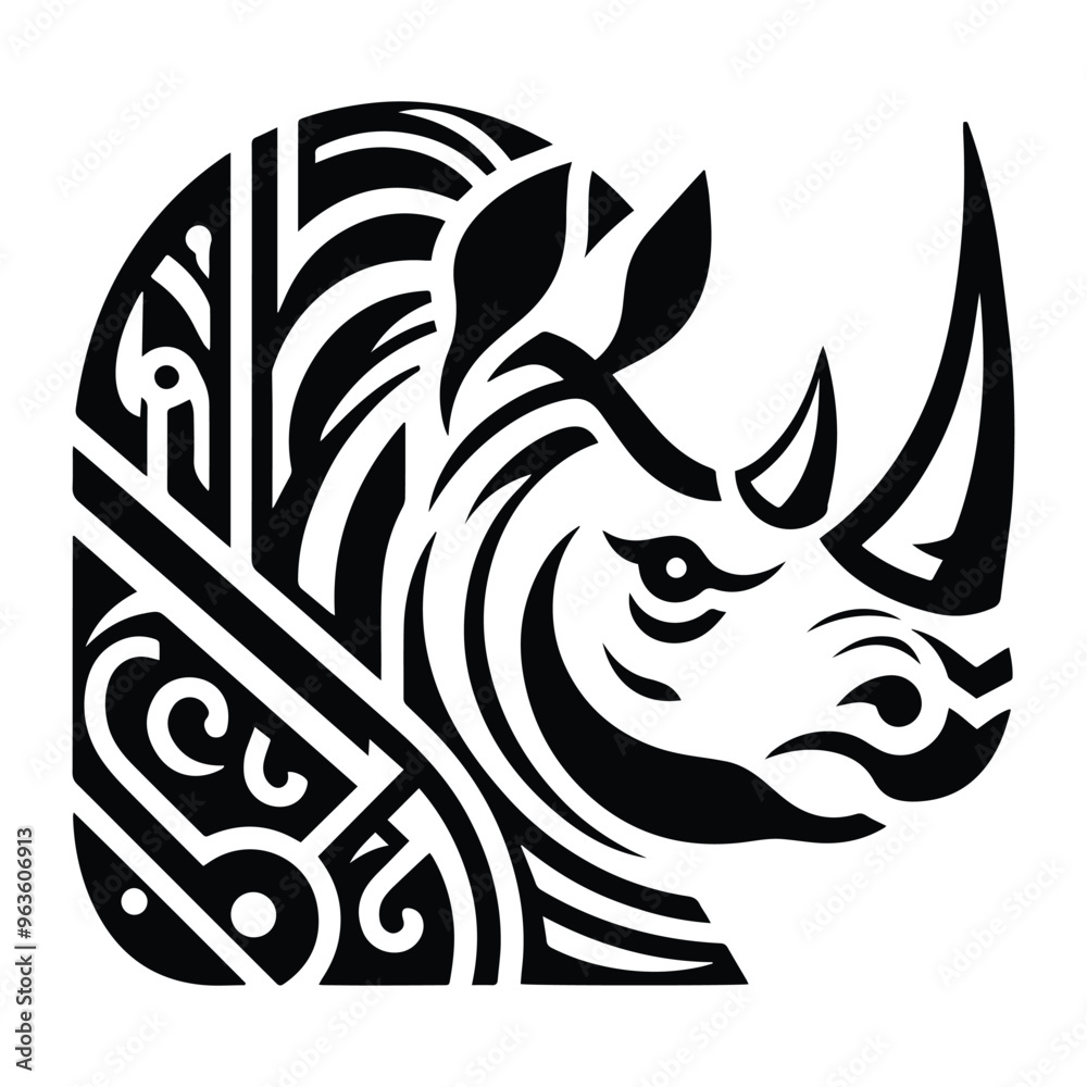 Rhinoceros with art deco decoration, stencil logo, black and white animal illustration Rhinoceros with art deco decoration, stencil logo, black and white animal illustration
