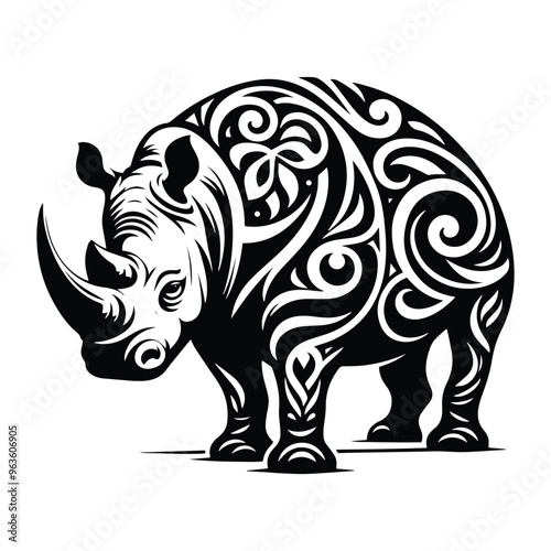 Rhinoceros with art nouveau decoration, stencil logo, black and white animal illustration