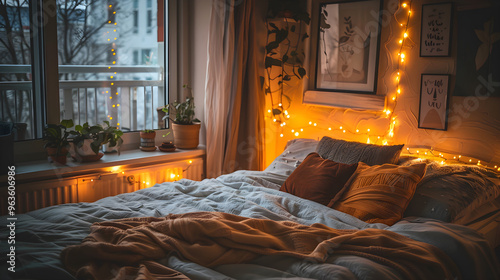 A comfortable bed with a fluffy comforter surrounded by twinkling lights in a cozy bedroom. photo