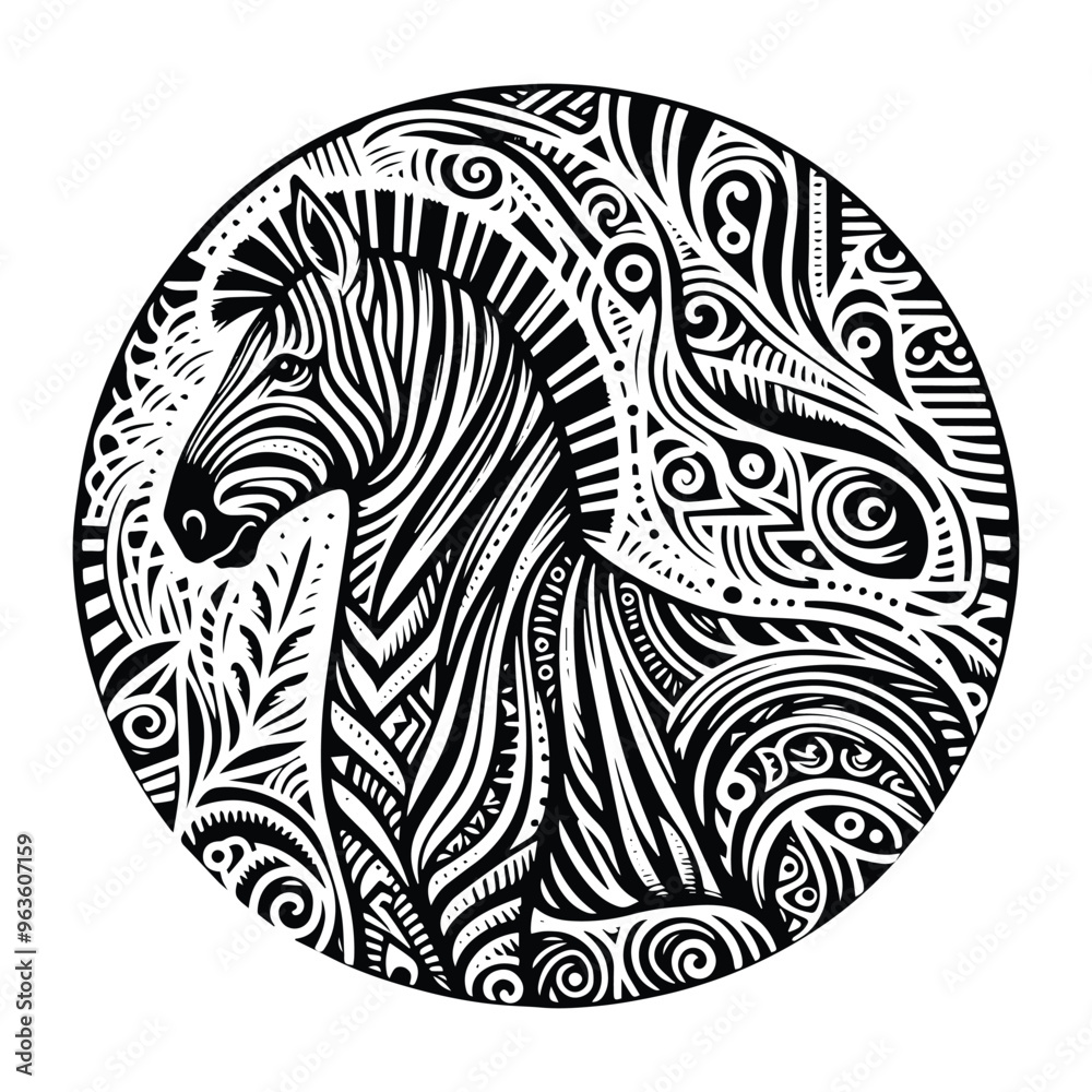 Zebra in zentangle art, stencil logo, black and white animal illustration