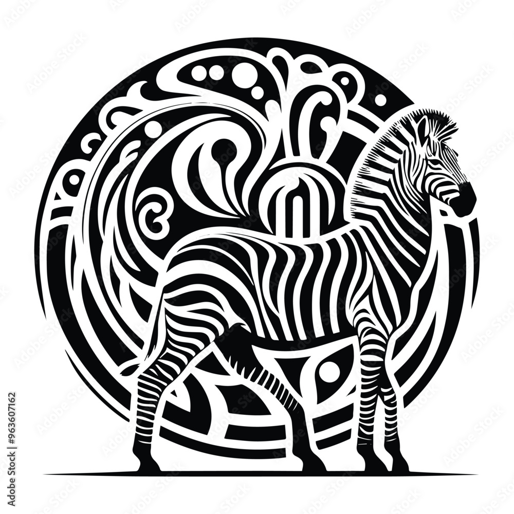 Zebra with art nouveau decoration, stencil logo, black and white animal illustration Zebra with art nouveau decoration, stencil logo, black and white animal illustration