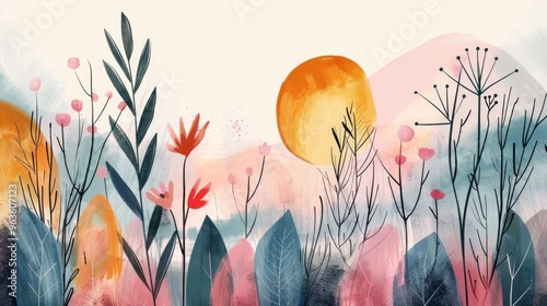 Soft pastel colors and simple shapes with botanical elements such as foliage and flowers in a minimal style.