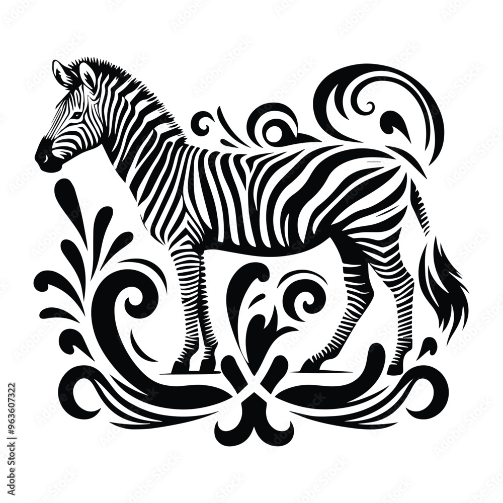 Obraz premium Zebra with victorian flourish decoration, stencil logo, black and white animal illustration