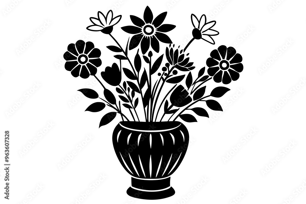 Floral bouquet, flowers in vase. Gorgeous garden rose and wildflowers bunch. Delicate blossoms arrangement. Romantic natural summer decoration. Flat vector silhouette on white background. Floral bouquet, flowers in vase. Gorgeous garden rose and wildflowers bunch. Delicate blossoms arrangement. Romantic natural summer decoration. Flat vector silhouette on white background.