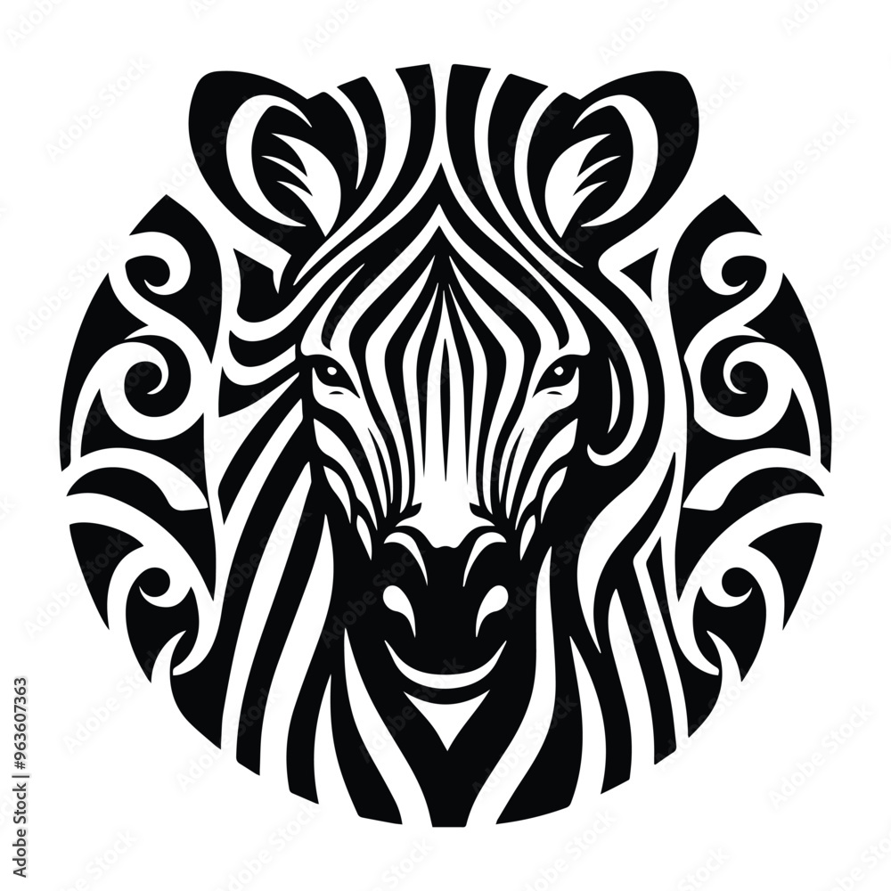 Zebra with art nouveau decoration, stencil logo, black and white animal illustration Zebra with art nouveau decoration, stencil logo, black and white animal illustration
