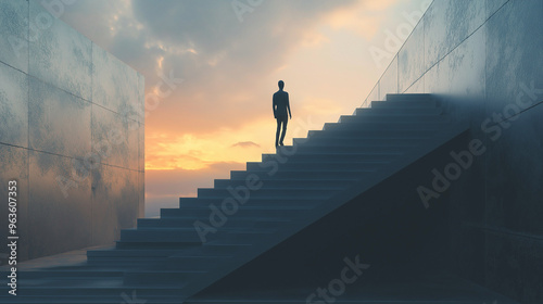 Person walking on the infinite stair without any rail, human on the stairs