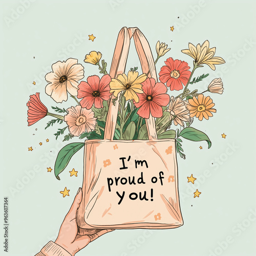 Illustration featuring a hand holding a tote bag adorned with the uplifting message 