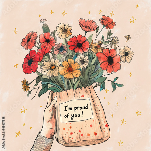 Illustration featuring a hand holding a tote bag adorned with the uplifting message 