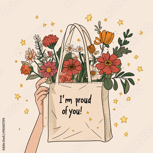 Illustration featuring a hand holding a tote bag adorned with the uplifting message 