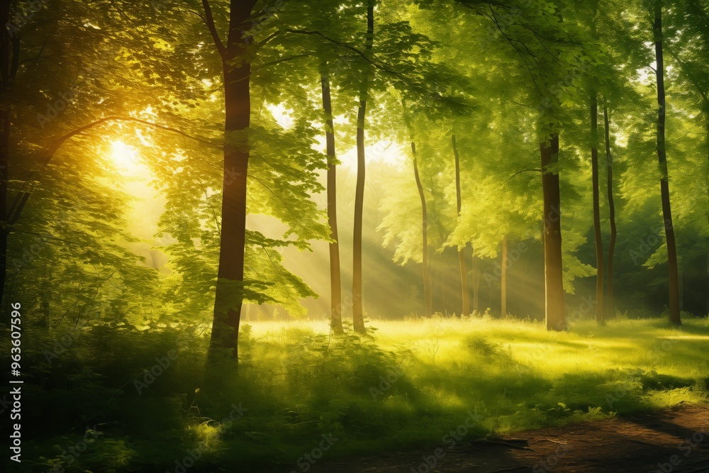Fototapeta premium A bright sunny day with a beautiful green forest in the background. The sun is shining brightly on the leaves of the trees, creating a warm and inviting atmosphere 