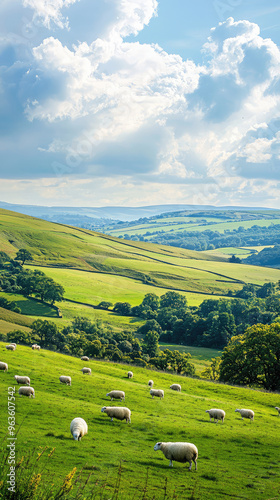 Tranquil English countryside with rolling green hills and sheep grazing in a peaceful setting.