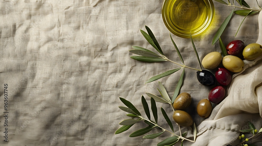 Green Olive Branches, Bowl of Olive Oil, and Olives on a Beige Fabric Background Green Olive Branches, Bowl of Olive Oil, and Olives on a Beige Fabric Background