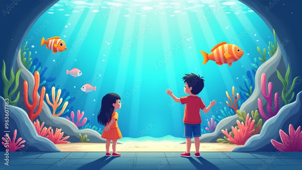 Naklejka premium Vibrant aquarium scene with colorful fish coral reefs and children peering through glass in a modern flat style