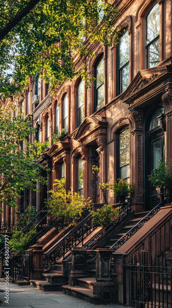 custom made wallpaper toronto digitalA row of historic brownstone buildings with ornate facades in a tree-lined street in New York City. The sunlight casts a warm glow on the brickwork and windows, creating a sense of peace and tranquili