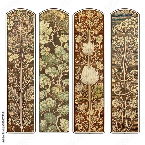 Set of four vertical designs with Victorian Botanical Collection and a place for text, vintage book bookmarks, a collection of modular paintings. photo