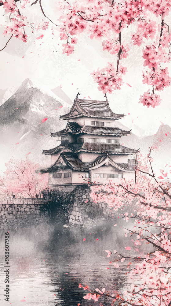 Obraz premium A serene Japanese castle, adorned with delicate cherry blossoms, stands majestically against the backdrop of snow-capped mountains. The soft pink petals gently drift down onto the still water, creatin