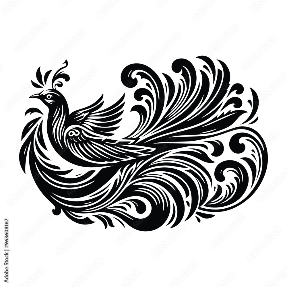 Fototapeta premium cendrawasih bird with victorian flourish decoration, stencil logo, black and white animal illustration