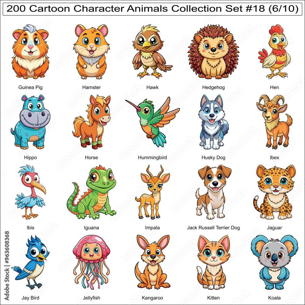 Naklejka premium Cartoon Character Animals Collection Set of 200 Isolated Animals Part 6