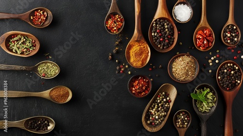 Spices and condiments in spoons and bowls for cooking on black background --