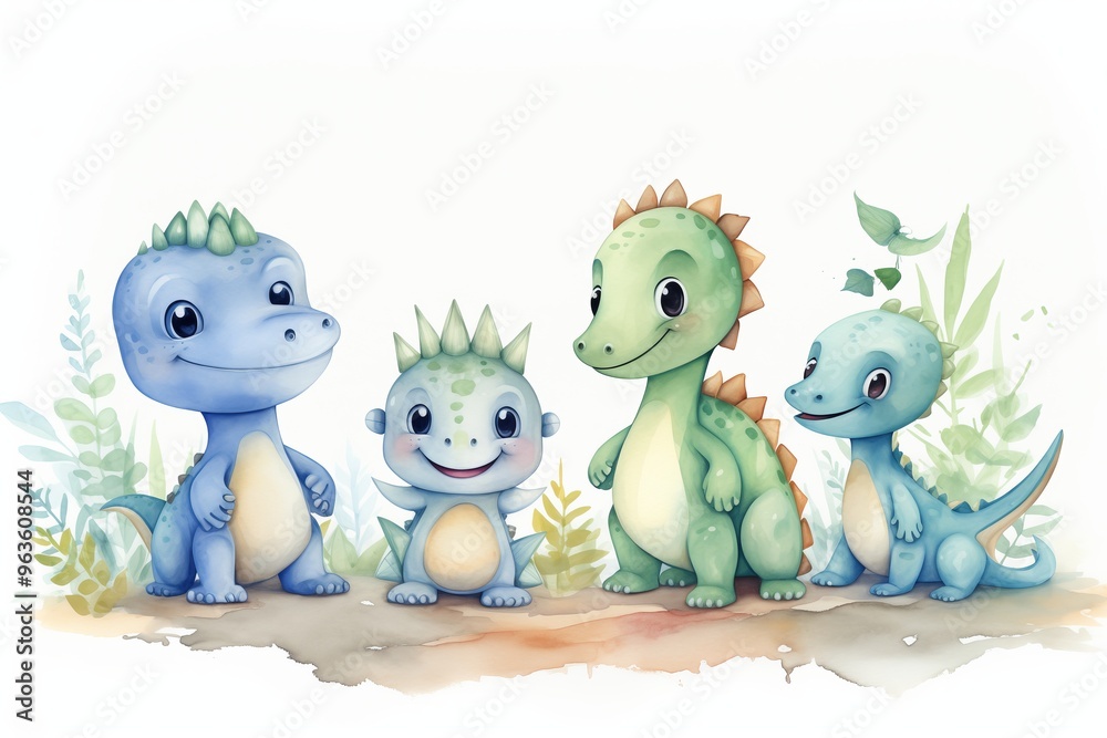 Fototapeta premium Baby Dinosaurs watercolor illustration with cute animals for nursery and baby shower 