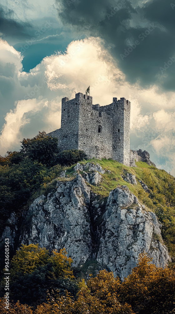 A majestic medieval stone castle perched on a hilltop, with dramatic clouds overhead and a sense of historical grandeur. A majestic medieval stone castle perched on a hilltop, with dramatic clouds overhead and a sense of historical grandeur.
