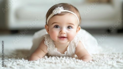 cute baby girl in a white lace dress, crawling on the floor