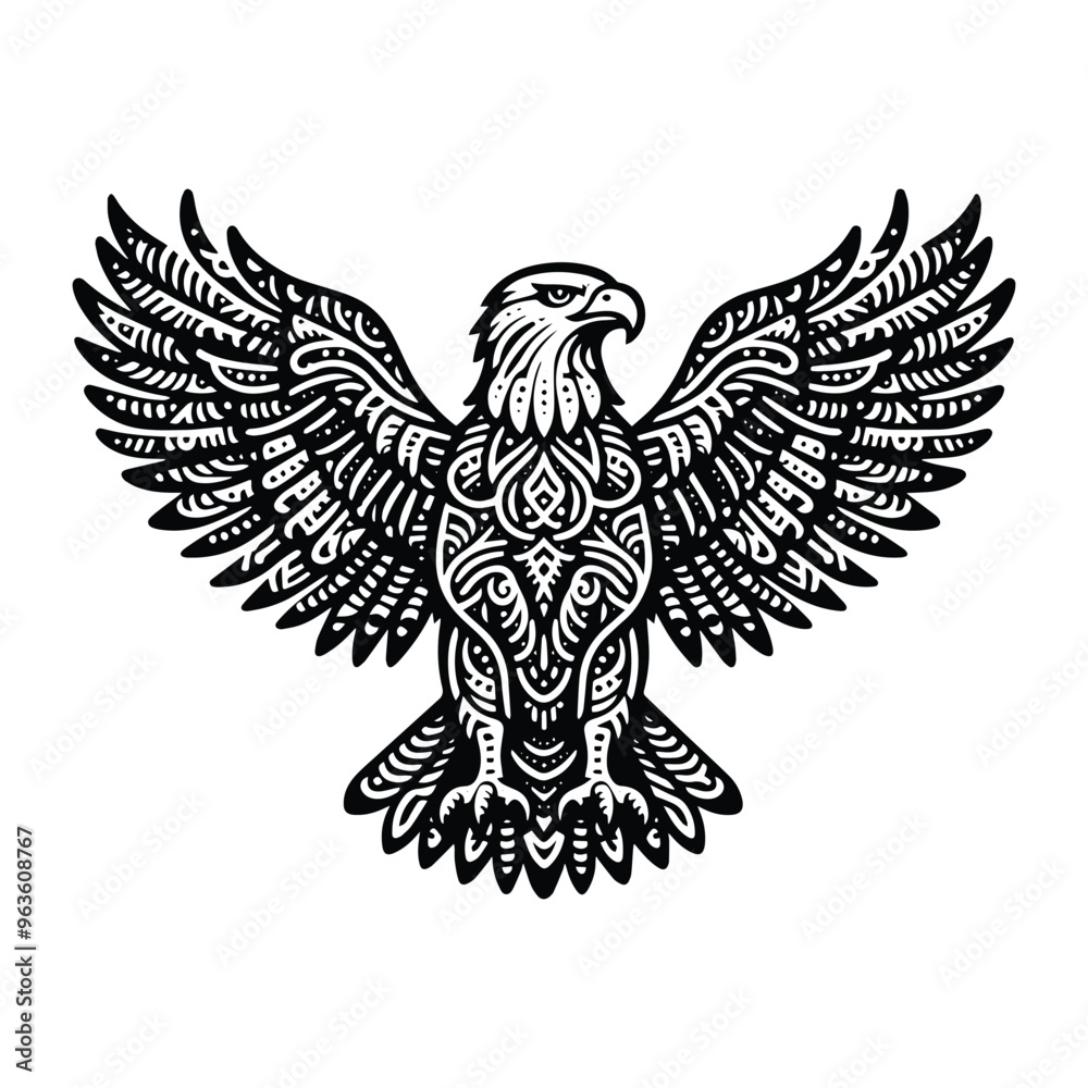 Obraz premium Eagle bird in zentangle art, stencil logo, black and white animal illustration