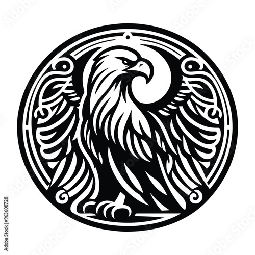 Eagle bird with art nouveau decoration, stencil logo, black and white animal illustration