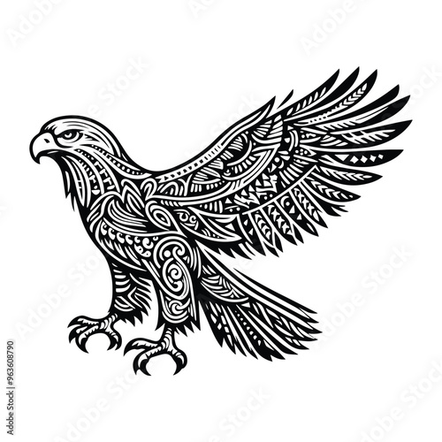 Eagle bird in zentangle art, stencil logo, black and white animal illustration