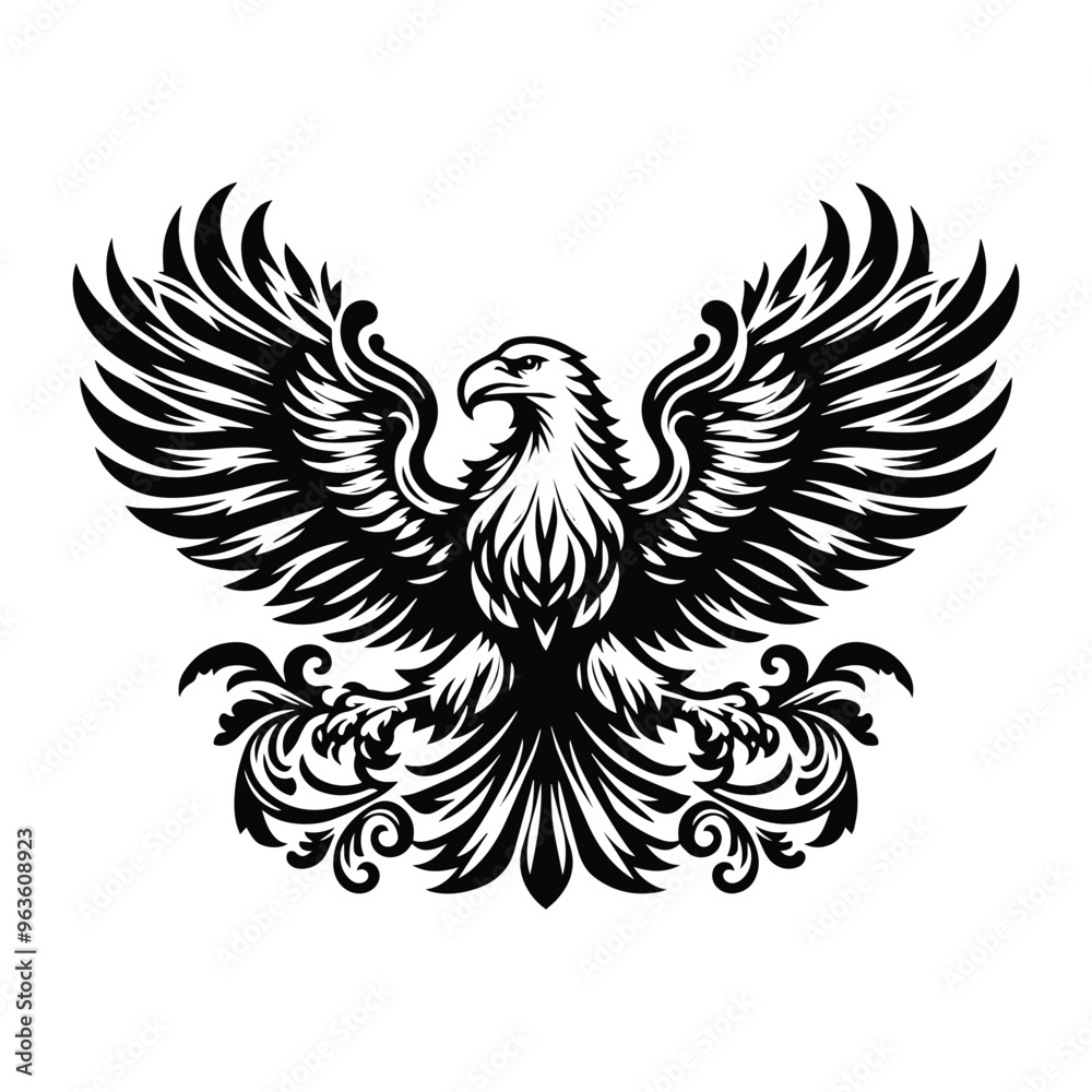 Fototapeta premium Eagle bird with victorian flourish decoration, stencil logo, black and white animal illustration
