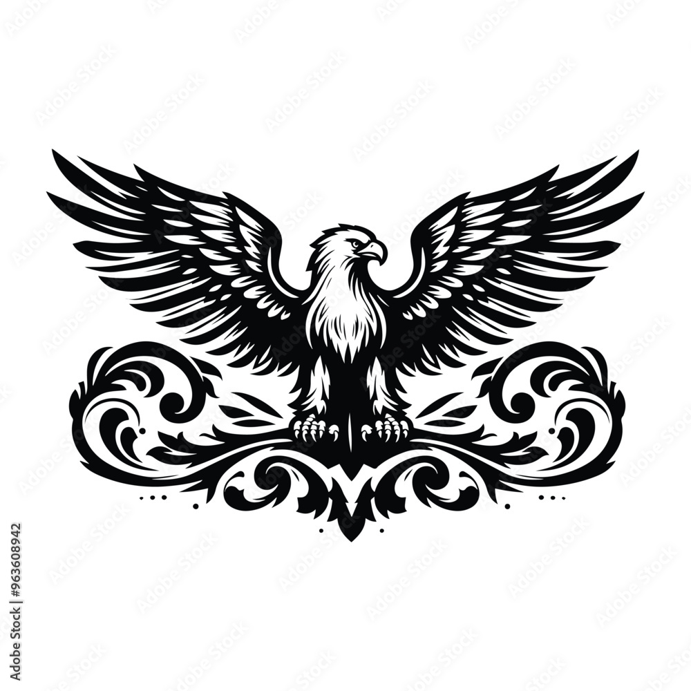 Obraz premium Eagle bird with victorian flourish decoration, stencil logo, black and white animal illustration