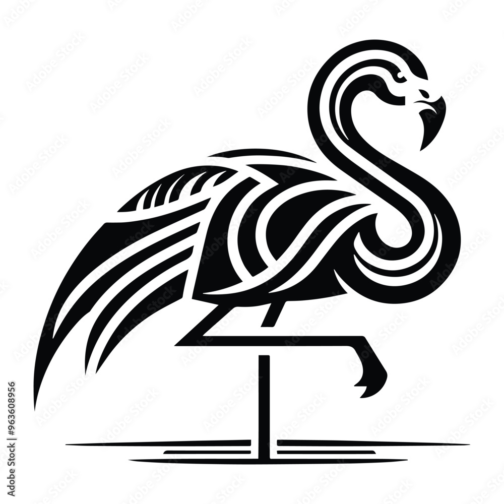 Fototapeta premium Flamingo bird with art deco decoration, stencil logo, black and white animal illustration ,