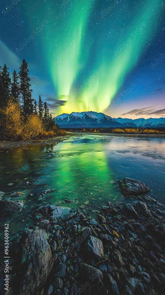 A mesmerizing display of the Northern Lights dancing over the rugged ...