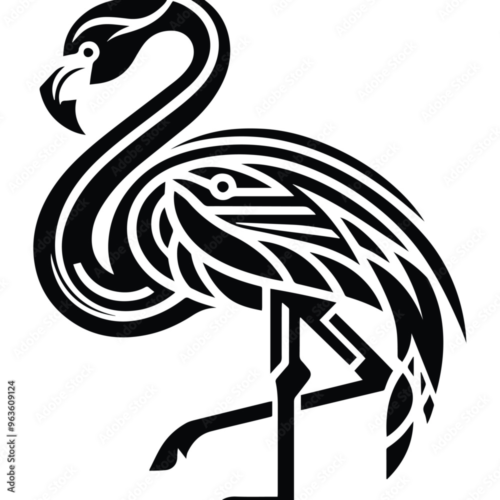 Fototapeta premium Flamingo bird with art deco decoration, stencil logo, black and white animal illustration ,