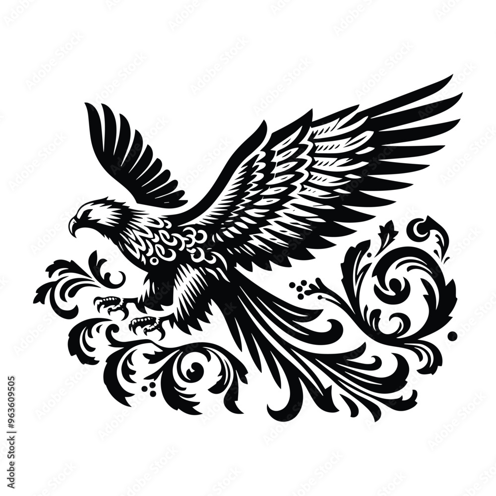 Hawk bird with victorian flourish decoration, stencil logo, black and white animal illustration Hawk bird with victorian flourish decoration, stencil logo, black and white animal illustration