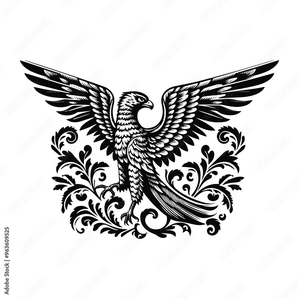 Fototapeta premium Hawk bird with victorian flourish decoration, stencil logo, black and white animal illustration