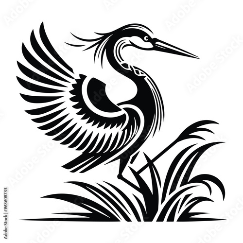Heron bird with art deco decoration, stencil logo, black and white animal illustration ,