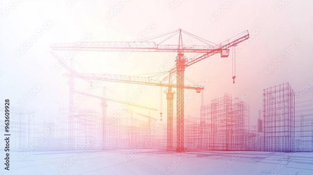 Wireframe Cityscape with Construction Cranes Wireframe Cityscape with Construction Cranes