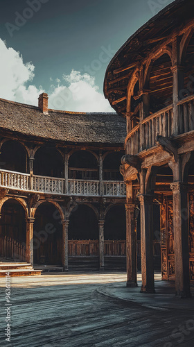 A picturesque view of the interior of Shakespeare's Globe Theatre, featuring its iconic wooden structure and the open-air stage. photo