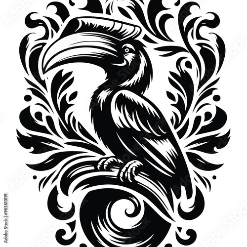 Hornbill bird with victorian flourish decoration, stencil logo, black and white animal illustration