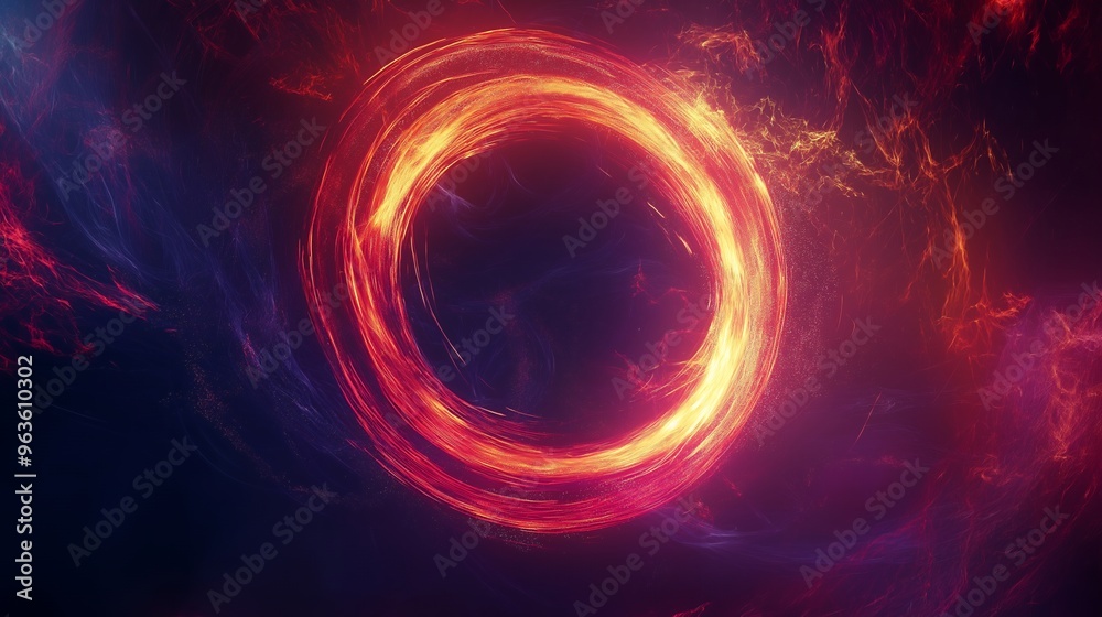 Obraz premium Abstract background with glowing fiery ring and particles on a dark background.