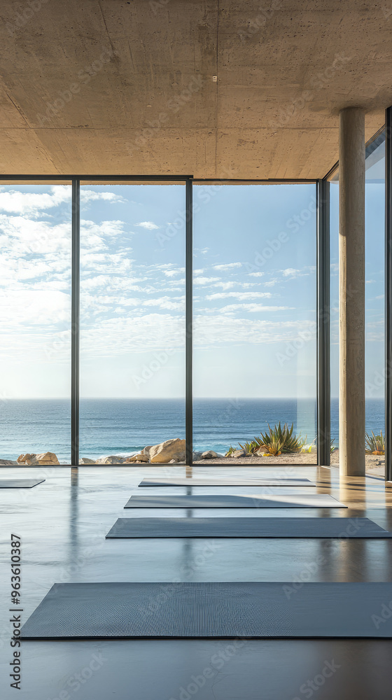 Fototapeta premium Tranquil yoga studio with floor-to-ceiling windows overlooking the ocean.