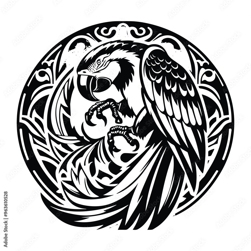 Macaw bird with art nouveau decoration, stencil logo, black and white animal illustration Macaw bird with art nouveau decoration, stencil logo, black and white animal illustration