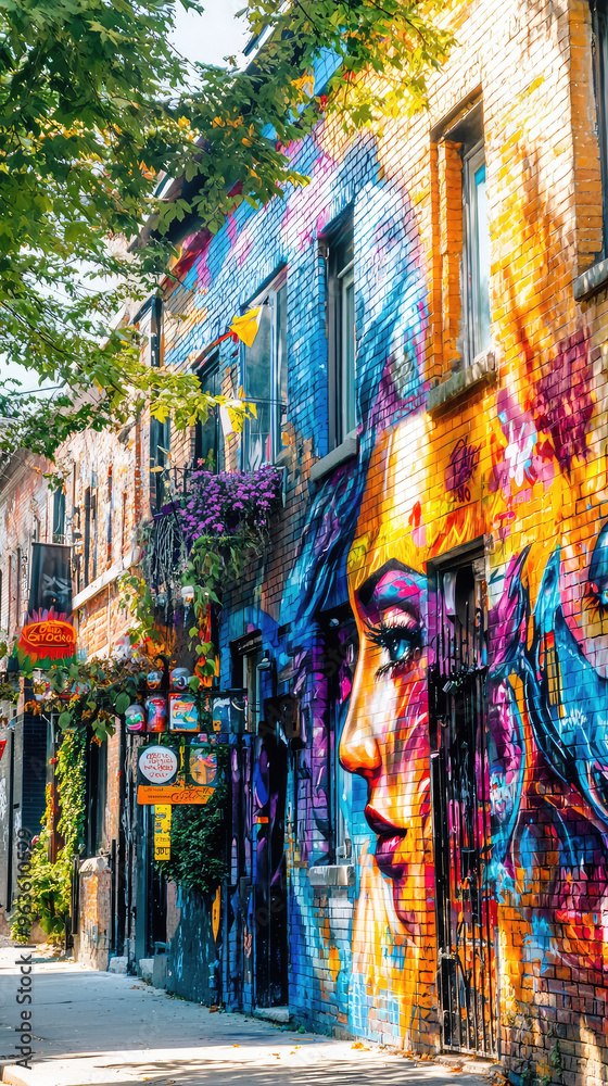 Fototapeta premium Vibrant street art mural in Montreal, Canada, depicting a woman's face with colorful, expressive brushstrokes.