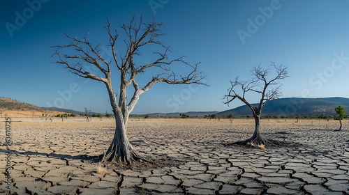 Lifeless trees fading into a parched landscape, metaphorically linking the withering environment to humanitya??s struggle for water security. photo