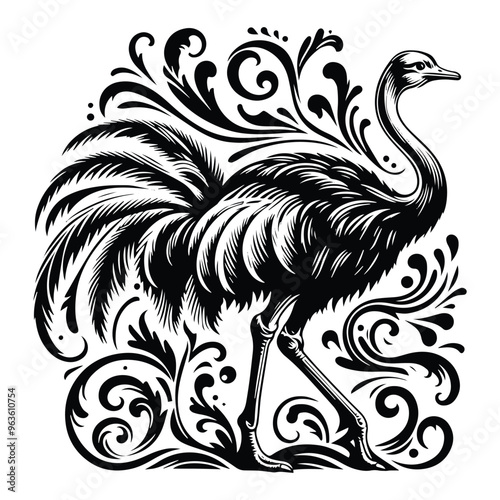 Ostrich bird with victorian flourish decoration, stencil logo, black and white animal illustration photo