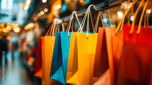 Colorful shopping bags hanging in a vibrant market setting